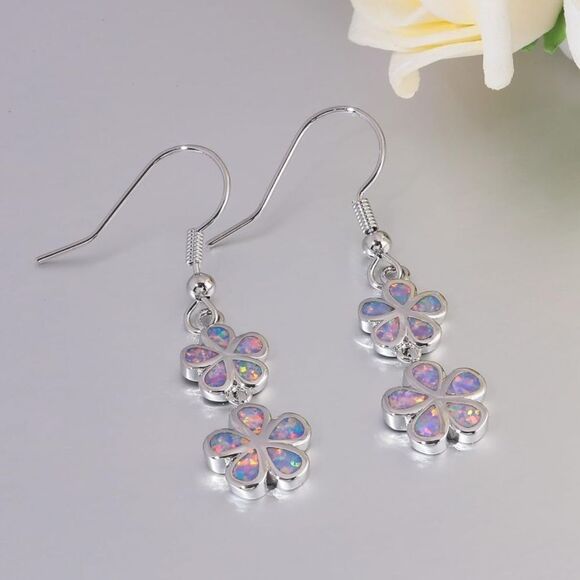18K White Gold with Genuine Purple Fire Opal Double Flower Drop Hook Earrings - Picture 2 of 5